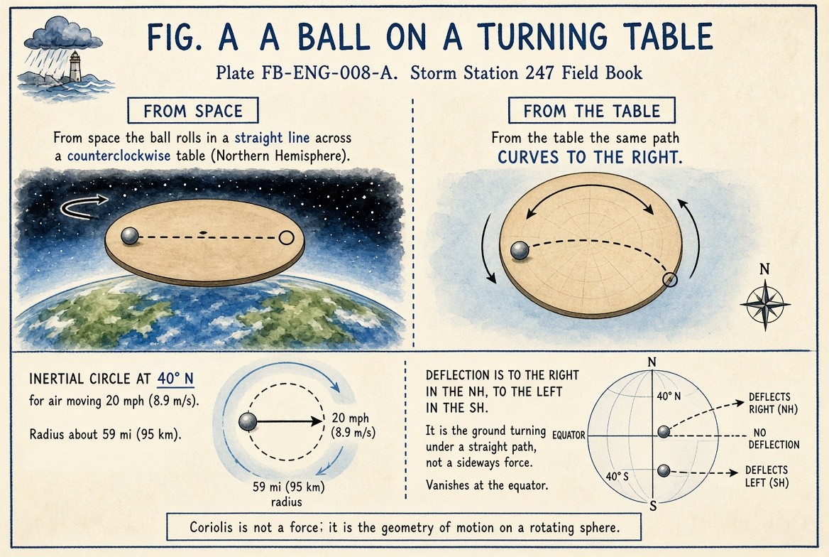 A painted sheet in four panels. From space: a ball rolls in a straight line across a table turning counterclockwise, as the Northern Hemisphere turns seen from above the pole. From the table: the same path curves to the right. The inertial circle at 40 degrees north: air moving at 20 miles an hour (8.9 metres a second) curves round a circle about 59 miles (95 kilometres) in radius. A globe: moving air deflects to the right in the Northern Hemisphere, to the left in the Southern, and not at all at the equator; the ground turning under a straight path, not a sideways push.