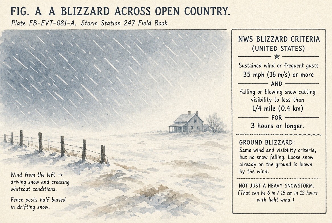 A painted blizzard over open country: snow driven hard from the left across a grey sky, a farmhouse and a bare tree almost lost in the white, a barbed wire fence in the foreground with its posts half buried in drifting snow. Beside it the criteria: sustained wind or frequent gusts of 35 miles an hour (16 metres a second) or more, and falling or blowing snow cutting visibility to less than a quarter mile (0.4 kilometres), for three hours or longer; a ground blizzard meets the same wind and visibility with no snow falling, loose snow on the ground blown by the wind; and a heavy snowstorm is not a blizzard, since 6 inches (15 centimetres) in 12 hours can fall with light wind.