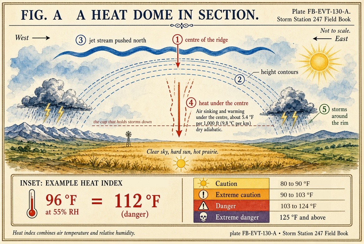 A painted section of a heat dome over a hot prairie, west on the left: 1, the centre of the ridge, marked with a red arrow pointing down; 2, the height contours arching over the dome; 3, the jet stream pushed north, a blue ribbon above it; 4, heat under the centre, air sinking and warming about 5.4 degrees Fahrenheit every 1,000 feet (9.8 degrees Celsius per kilometre); a dashed line low across the dome, the cap that holds storms down; 5, thunderstorms around the rim where the air can rise; clear sky, hard sun and a hot prairie beneath. An inset: 96 degrees Fahrenheit at 55 percent relative humidity is a heat index of 112 degrees Fahrenheit, danger; and the four heat index categories, caution 80 to 90, extreme caution 90 to 103, danger 103 to 124, and extreme danger 125 degrees Fahrenheit and above.