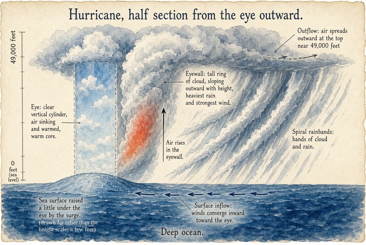 A painted half section of a hurricane from the eye outward over a dark sea, a height scale from sea level to 49,000 feet at the left: the eye, a clear vertical cylinder of sinking, warmed air, the warm core; the eyewall, a tall ring of cloud sloping outward with height, with the heaviest rain and strongest wind and an arrow of air rising in it; spiral rainbands of cloud and rain farther out; the outflow spreading outward at the top near 49,000 feet; arrows of surface inflow converging toward the eye along the sea; and the sea surface raised a little under the eye by the surge, a note saying the mound is drawn far taller than the height scale.