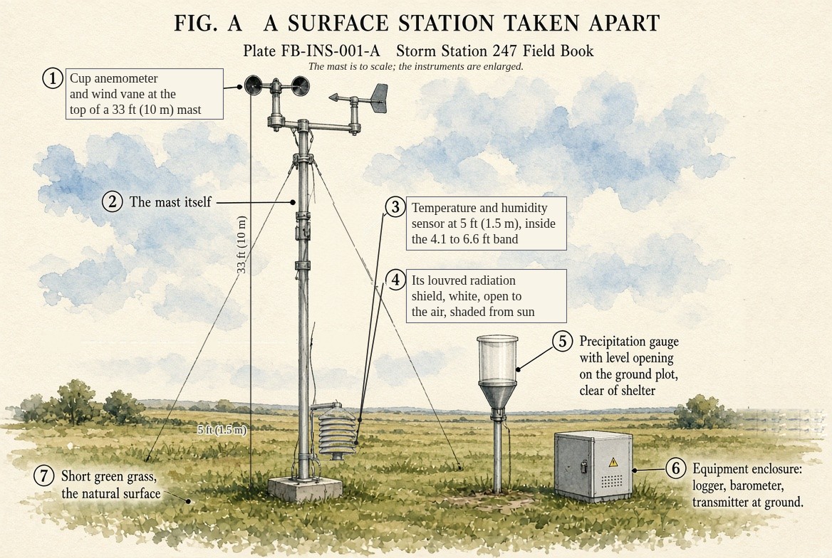 A painted surface weather station over short grass in open country: a mast 33 feet (10 metres) tall carrying a cup anemometer and a wind vane on a crossarm at its top; a white louvred radiation shield holding the temperature and humidity sensor at 5 feet (1.5 metres) on the mast; a precipitation gauge with a level opening on its own stand; and a grey equipment enclosure at the ground holding the logger, the barometer and the transmitter.