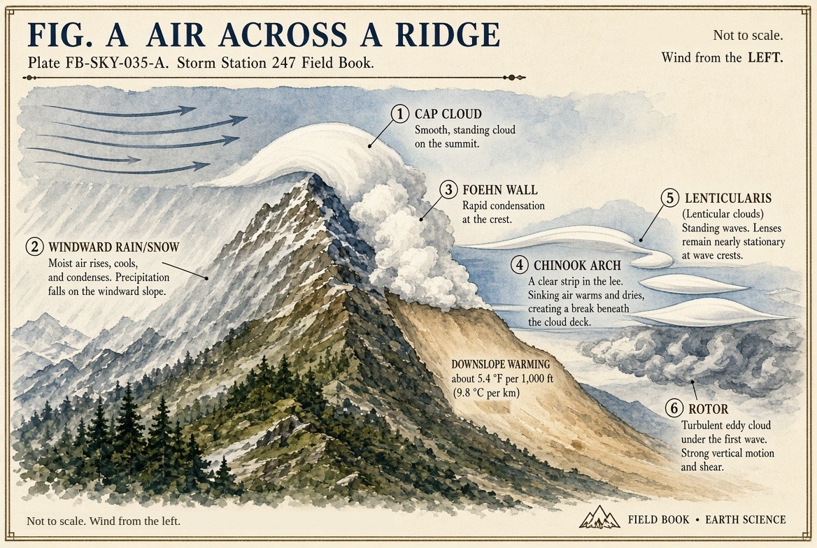 The cap cloud, rain on the windward side, the foehn wall, the chinook arch, lens clouds and the rotor.