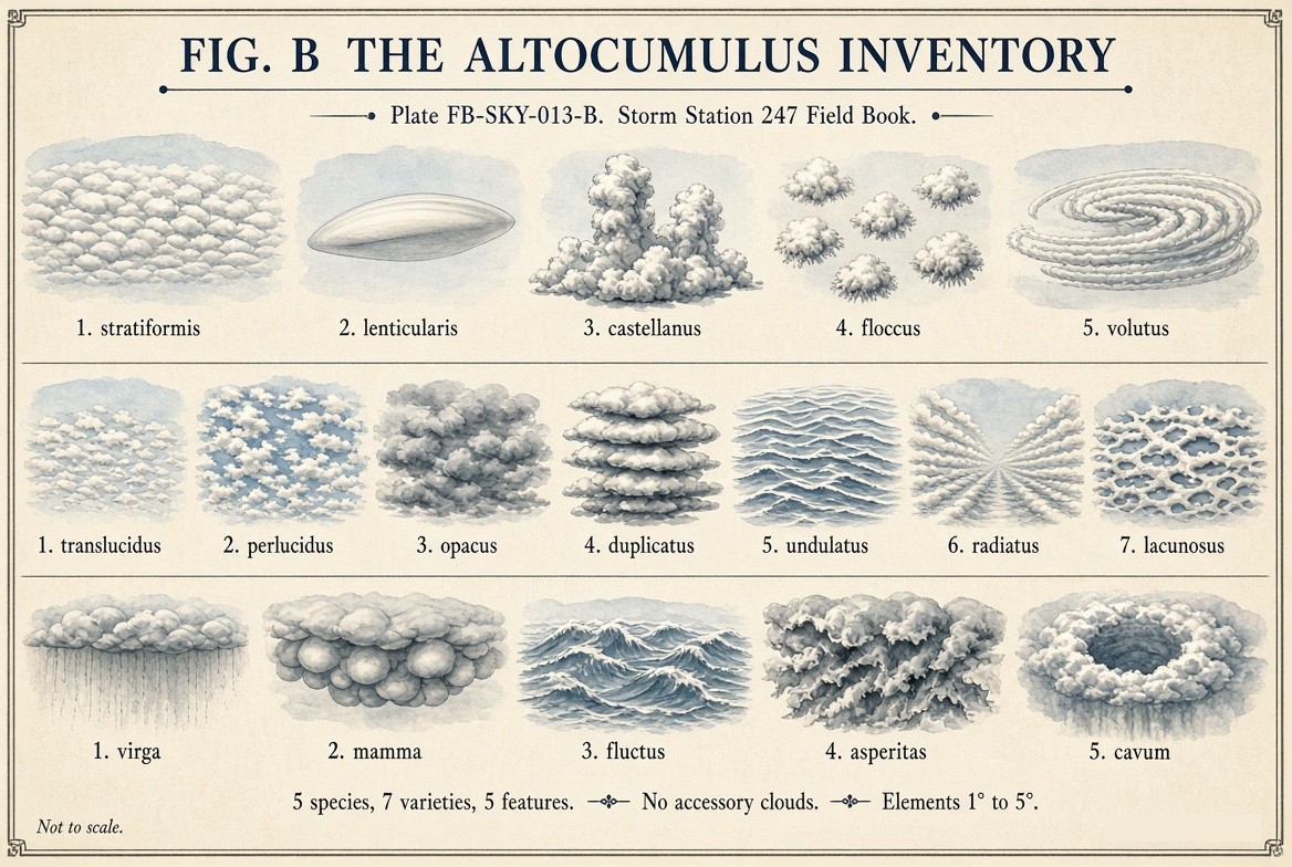 A painted sheet of small studies of altocumulus, one for every name the International Cloud Atlas lists for it, each labelled with its full name and its rank: the species stratiformis, lenticularis, castellanus, floccus and volutus; the varieties translucidus, perlucidus, opacus, duplicatus, undulatus, radiatus and lacunosus; and the supplementary features virga, mamma, fluctus, asperitas and cavum; with the count of each rank.