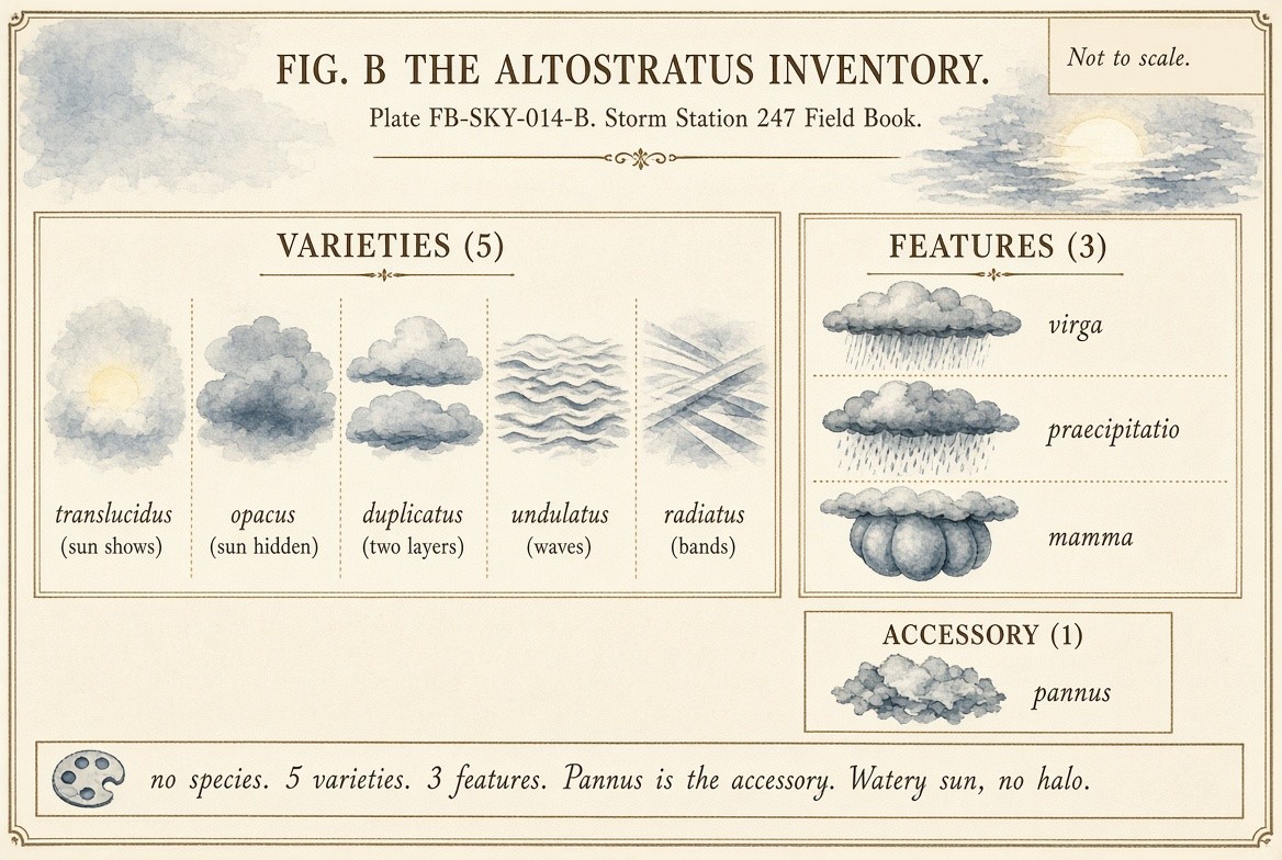 A painted sheet of small studies of altostratus, one for every name the International Cloud Atlas lists for it, each labelled with its full name and its rank: the varieties translucidus, opacus, duplicatus, undulatus and radiatus; the supplementary features virga, praecipitatio and mamma; and the accessory cloud pannus; with the count of each rank.