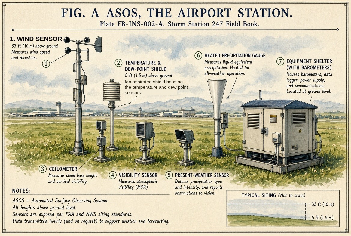 A painted airport weather station on the grass beside a runway, a control tower in the distance, its parts numbered: 1, the wind sensor on a mast 33 feet (10 metres) above the ground; 2, the fan aspirated temperature and dew point shield 5 feet (1.5 metres) above the ground; 3, the ceilometer, measuring the height of the cloud base; 4, the visibility sensor; 5, the present weather sensor, which tells the kind and intensity of precipitation; 6, the heated precipitation gauge; 7, the equipment shelter with the barometers, data logger and communications. An inset, not to scale, marks the two heights, 33 feet and 5 feet.