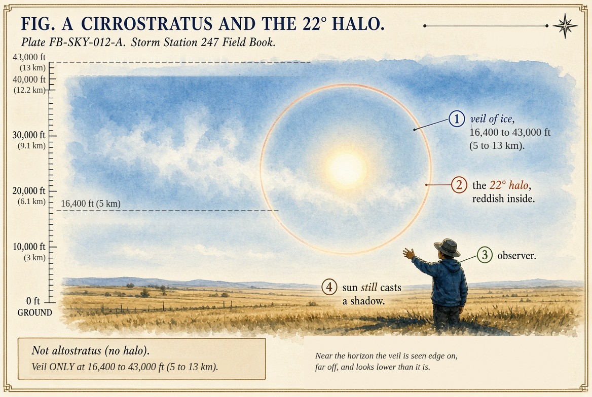 A veil of ice over the whole sky, the sun ringed by its halo, and the shadow it still casts.