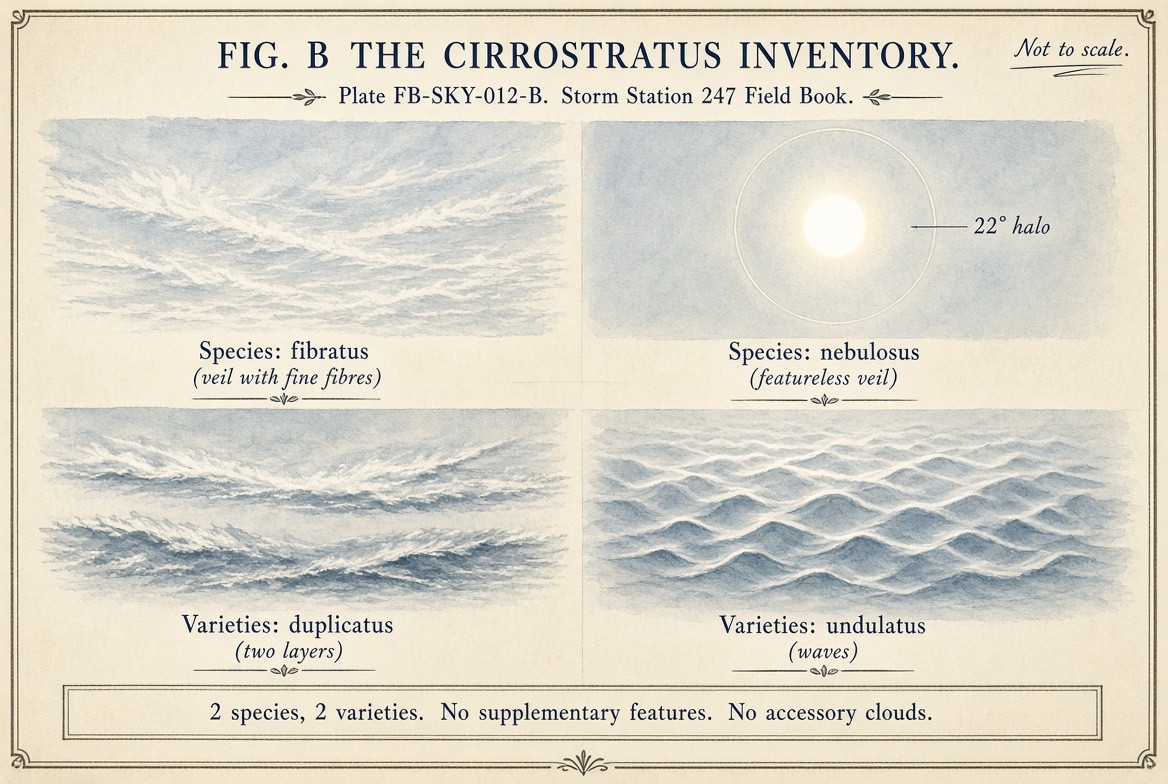A painted sheet of small studies of cirrostratus, one for every name the International Cloud Atlas lists for it, each labelled with its full name and its rank: the species fibratus and nebulosus, and the varieties duplicatus and undulatus; with the count of each rank.