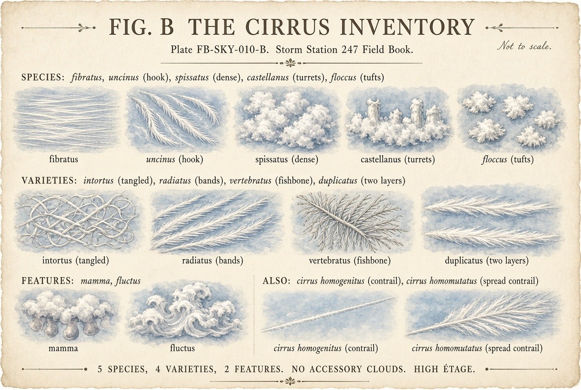 A painted sheet of small studies of cirrus, one for every name the International Cloud Atlas lists for it, each labelled with its full name and its rank: the species fibratus, uncinus, spissatus, castellanus and floccus; the varieties intortus, radiatus, vertebratus and duplicatus; and the supplementary features mamma and fluctus; with the count of each rank.