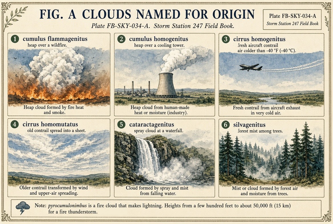 A painted sheet of six special clouds, each in its own panel: 1, cumulus flammagenitus, a heap over a wildfire; 2, cumulus homogenitus, a heap over a cooling tower; 3, cirrus homogenitus, a fresh contrail in air colder than minus 40 degrees Fahrenheit (minus 40 degrees Celsius); 4, cirrus homomutatus, an old contrail spread into a sheet; 5, cataractagenitus, spray cloud at a waterfall; 6, silvagenitus, forest mist among the trees. A note: a pyrocumulonimbus is a fire cloud that makes lightning.