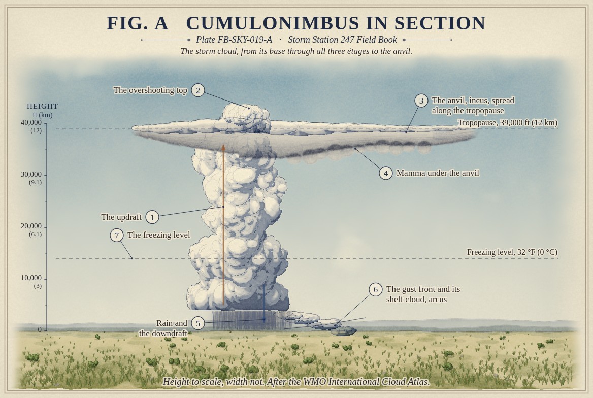 The storm cloud, from its base through all three étages to the anvil.