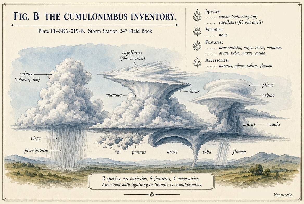 A painted sheet of small studies of cumulonimbus, one for every name the International Cloud Atlas lists for it, each labelled with its full name and its rank: the species calvus and capillatus; the supplementary features praecipitatio, virga, incus, mamma, arcus, tuba, murus and cauda; and the accessory clouds pannus, pileus, velum and flumen; with the count of each rank.