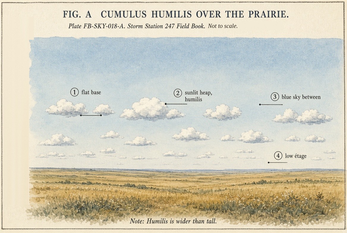 Small fair weather heaps, wider than tall, flat based, with blue sky between.