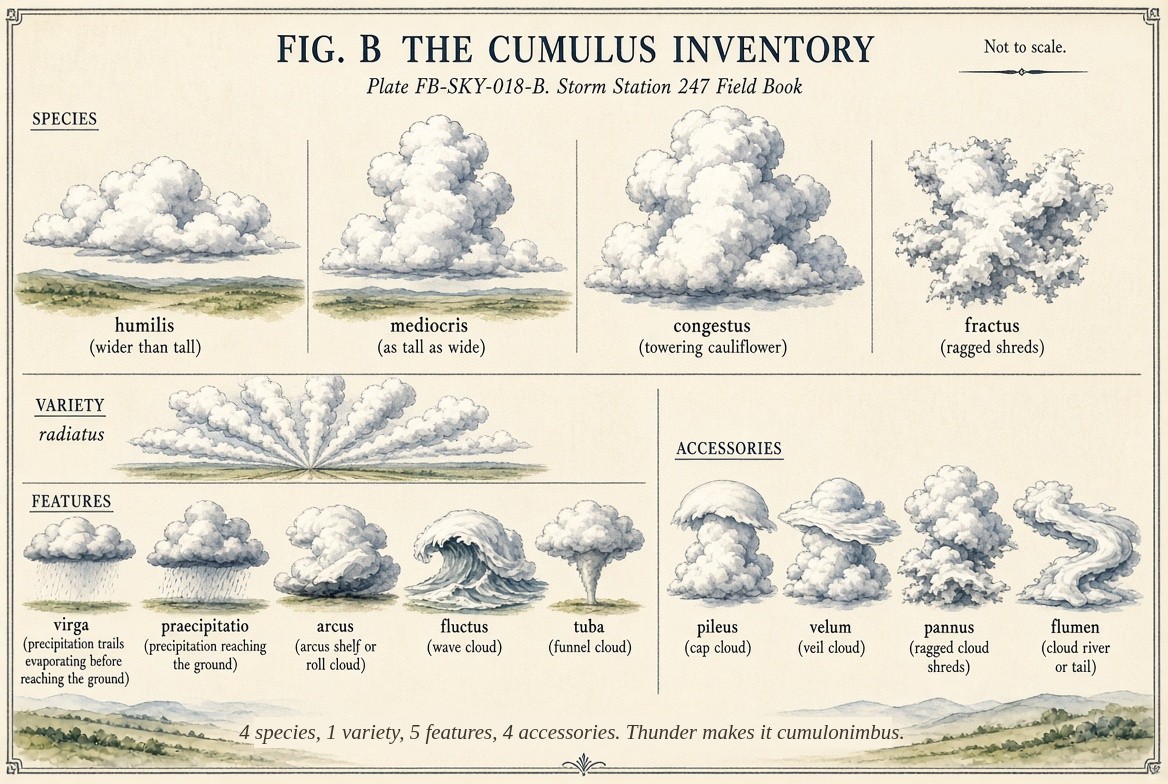 A painted sheet of small studies of cumulus, one for every name the International Cloud Atlas lists for it, each labelled with its full name and its rank: the species humilis, mediocris, congestus and fractus; the variety radiatus; the supplementary features virga, praecipitatio, arcus, fluctus and tuba; and the accessory clouds pileus, velum, pannus and flumen; with the count of each rank.