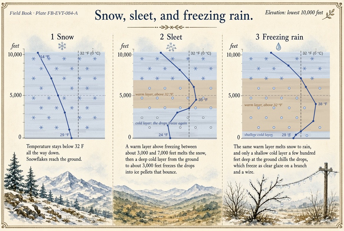 A painted sheet of three columns, each the lowest 10,000 feet (3 kilometres) with its temperature drawn against a dashed line at 32 degrees Fahrenheit (0 degrees Celsius). In the first, snow: the temperature stays below freezing all the way down, from 14 degrees at 10,000 feet to 29 at the ground, and snowflakes fall to the ground over snowy hills. In the second, sleet: a warm layer above freezing from 3,500 to 6,800 feet, warmest at 35 degrees, melts the snow into drops, and a deep cold layer below it, 24 degrees at the ground, freezes them again into pellets, over a brown valley. In the third, freezing rain: the warm layer runs from 800 to 7,000 feet, warmest at 38 degrees, the snow melts into rain, and only a shallow cold layer at the ground, 29 degrees, chills the drops, which freeze as clear glaze on a branch and a wire.