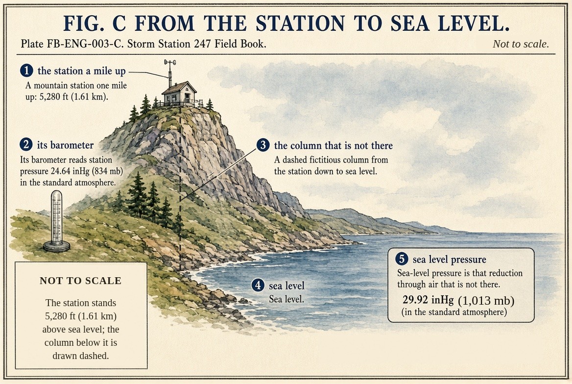 A painted headland with a small weather station on its summit, a mast with a wind vane beside it, over a rocky shore and the sea: labelled 1, the station a mile up, 5,280 feet (1.61 kilometres); 2, its barometer, reading the station pressure, 24.64 inches of mercury (834 millibars) in the standard atmosphere; 3, drawn dashed straight down from the station through the hill to sea level, the column of air that is not there; 4, sea level; 5, the sea level pressure, 29.92 inches of mercury (1,013 millibars), the reduction through air that is not there; a note that the sheet is not to scale.