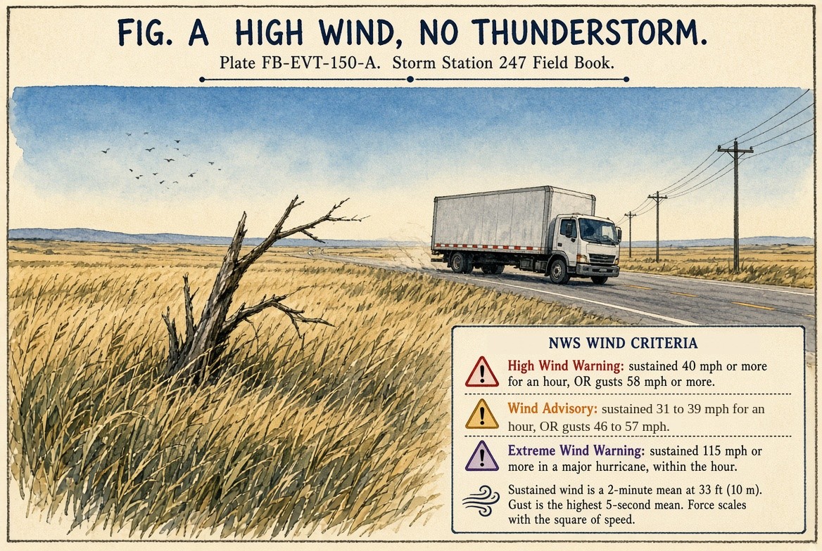 A painted plains highway on a clear windy day: tall dry grass bent flat, a dead tree leaning, a box truck on the road with dust blowing off it, and power lines running away to the horizon. The weather service criteria beside it: High Wind Warning, sustained 40 miles an hour or more for an hour, or gusts of 58 miles an hour or more; Wind Advisory, sustained 31 to 39 miles an hour for an hour, or gusts of 46 to 57; Extreme Wind Warning, sustained 115 miles an hour or more in a major hurricane, within the hour. Sustained wind is a 2 minute mean at 33 feet (10 metres); a gust is the highest 5 second mean; the force of the wind grows with the square of its speed.