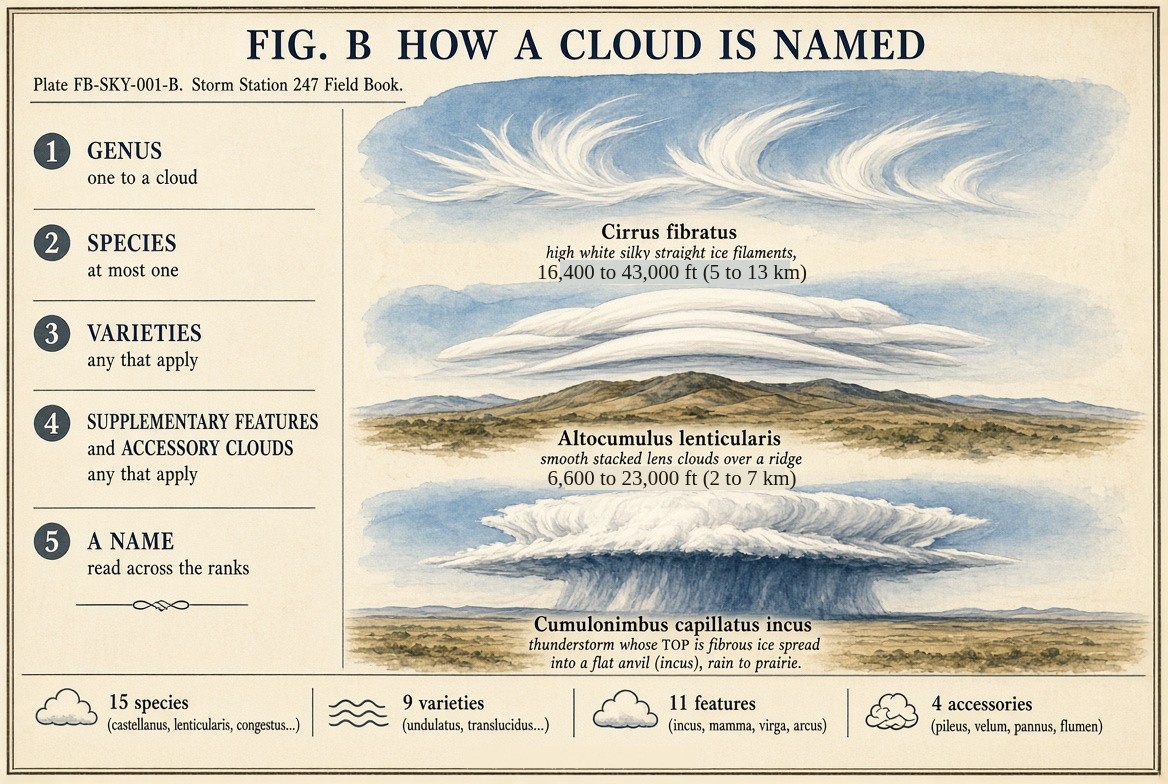A painted sheet of the ranks of the cloud classification: 1, genus, one to a cloud; 2, species, at most one; 3, varieties, any that apply; 4, supplementary features and accessory clouds, any that apply; 5, a name read across the ranks. Three paintings of names read across the ranks: cirrus fibratus, high white silky straight ice filaments at 16,400 to 43,000 feet (5 to 13 kilometres); altocumulus lenticularis, smooth stacked lens clouds over a ridge at 6,600 to 23,000 feet (2 to 7 kilometres); and cumulonimbus capillatus incus, a thunderstorm whose top is fibrous ice spread into a flat anvil, rain to the prairie. Beneath: 15 species, 9 varieties, 11 features and 4 accessory clouds.