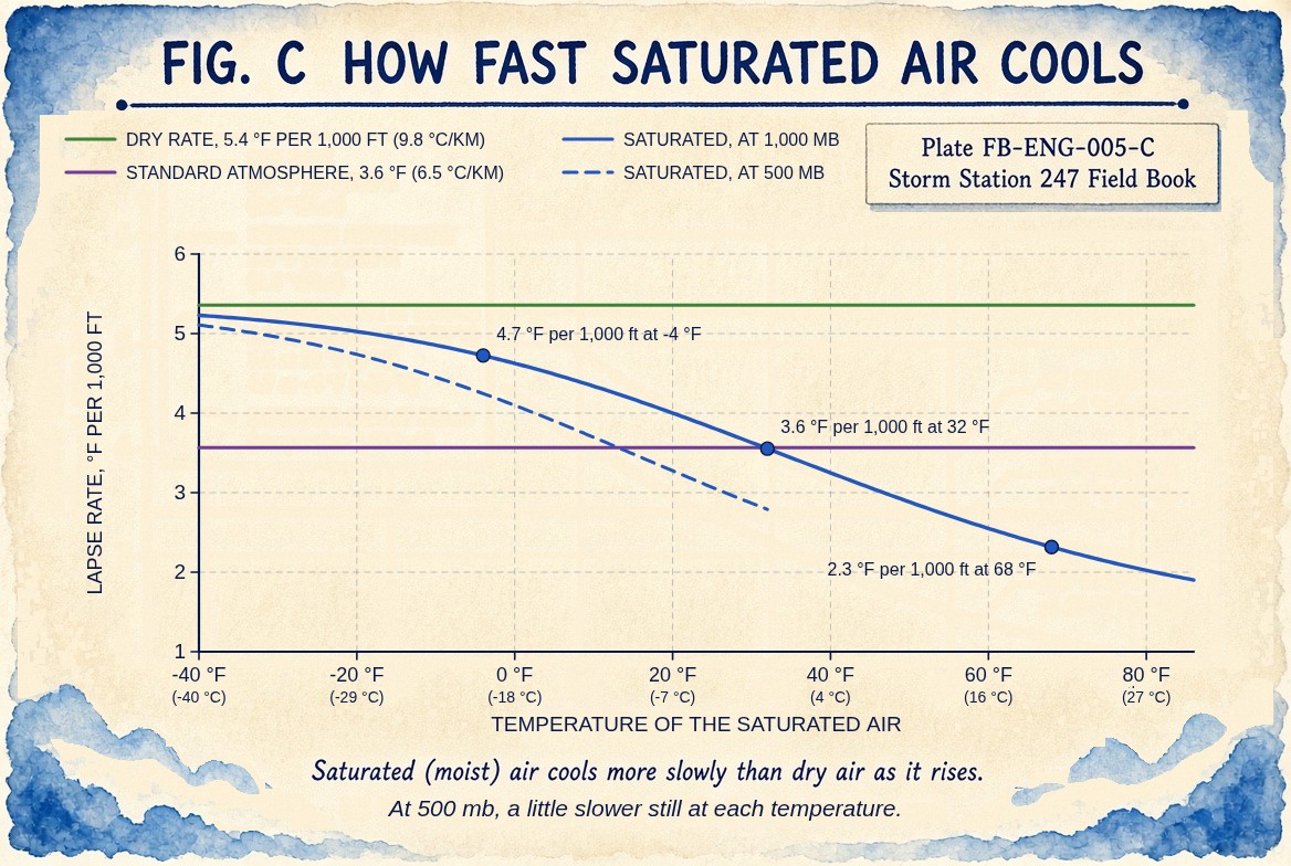 A painted sheet in a watercolour border: a chart, to scale, of how fast saturated air cools as it rises against its temperature from minus 40 to 86 degrees Fahrenheit. The dry rate, 5.4 degrees Fahrenheit every 1,000 feet (9.8 degrees Celsius a kilometre), and the standard atmosphere, 3.6 degrees (6.5 degrees Celsius a kilometre), drawn across. The saturated rate at 1,000 millibars falls from near the dry rate in the coldest air to 1.9 degrees at 86 degrees Fahrenheit, marked at 4.7 degrees at minus 4, 3.6 at 32 and 2.3 at 68; the rate at 500 millibars, drawn dashed from minus 40 to 32 degrees, a little slower at each temperature.