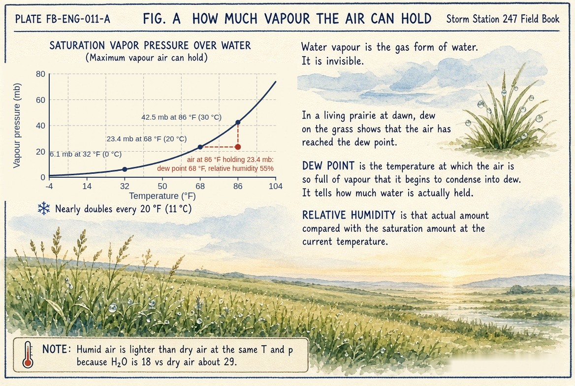 A painted sheet over a prairie at dawn, dew on the grass. A chart of the saturation vapour pressure over water against temperature from minus 4 to 104 degrees Fahrenheit, to scale, curving steeply upward: 6.1 millibars at 32 degrees Fahrenheit (0 degrees Celsius), 23.4 at 68 degrees Fahrenheit (20 degrees Celsius), 42.5 at 86 degrees Fahrenheit (30 degrees Celsius). One parcel marked: air at 86 degrees Fahrenheit holding 23.4 millibars of vapour, its dew point 68 degrees Fahrenheit where that level meets the curve, and its relative humidity 23.4 over 42.5, 55 percent. Beside it: dew point is the temperature at which the air is so full of vapour that it begins to condense; relative humidity is the vapour held against what the air could hold.
