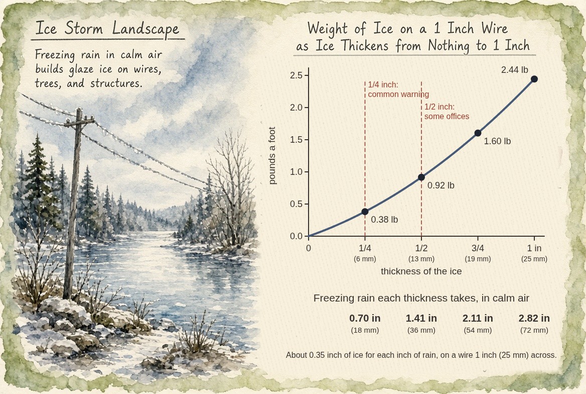 A painted ice storm at the left, a utility pole and wires glazed with ice over a frozen river; at the right a chart of the weight of ice on a wire 1 inch (25 millimetres) across as the ice thickens from nothing to 1 inch: 0.38 pounds a foot at a quarter inch, 0.92 at half an inch, 1.60 at three quarters and 2.44 at an inch, the curve bending upward. Lines mark a quarter inch, where Ice Storm Warnings are commonly issued, and half an inch, used by some offices. Beneath, the freezing rain each thickness takes in calm air: 0.70, 1.41, 2.11 and 2.82 inches.