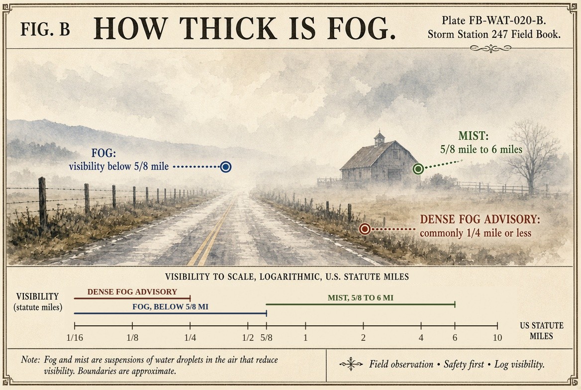 A painted country road running into fog past a fence and a barn, a bare tree in the mist. Labels: fog, visibility below 5/8 of a mile (1 kilometre); mist, 5/8 of a mile to 6 miles; the Dense Fog Advisory, commonly at a quarter mile (0.4 kilometres) or less. Beneath, a logarithmic scale of visibility in statute miles from 1/16 to 10, with bars for the Dense Fog Advisory to 1/4 mile, fog to 5/8 mile and mist from 5/8 to 6 miles.