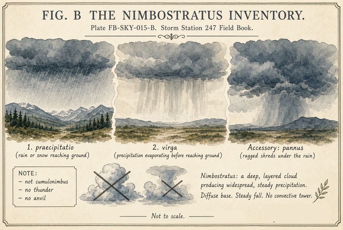 A painted sheet of small studies of nimbostratus, one for every name the International Cloud Atlas lists for it, each labelled with its full name and its rank: the supplementary features praecipitatio and virga, and the accessory cloud pannus; with the count of each rank.
