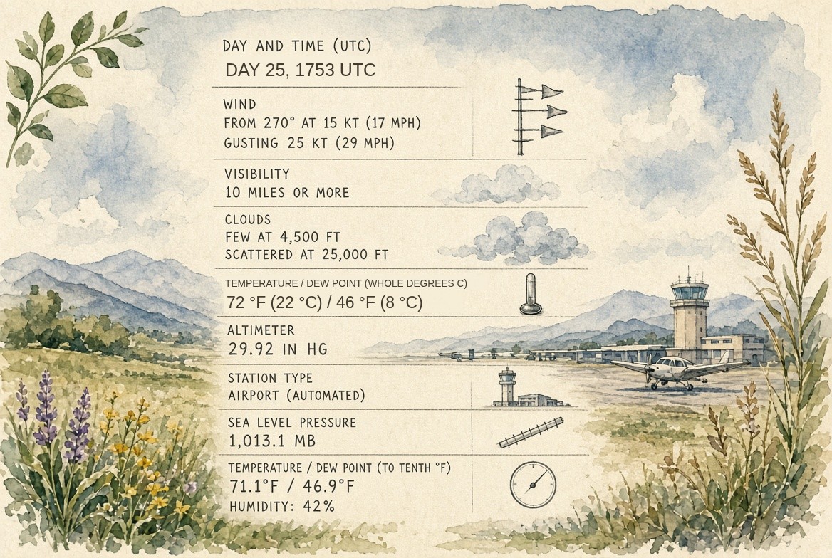 A painted airfield with a control tower and a small airplane, beside a column decoding one hourly report: day 25, 1753 UTC; wind from 270 degrees at 15 knots (17 mph), gusting 25 knots (29 mph); visibility 10 miles or more; few clouds at 4,500 feet and scattered at 25,000 feet; temperature 72 degrees Fahrenheit (22 Celsius) and dew point 46 degrees Fahrenheit (8 Celsius), whole degrees Celsius; altimeter 29.92 inches of mercury; an automated airport station; sea level pressure 1,013.1 millibars; and to a tenth, 71.1 and 46.9 degrees Fahrenheit, 42 percent humidity. Small drawings beside the rows: a wind vane, clouds, a thermometer, the station, a dial.