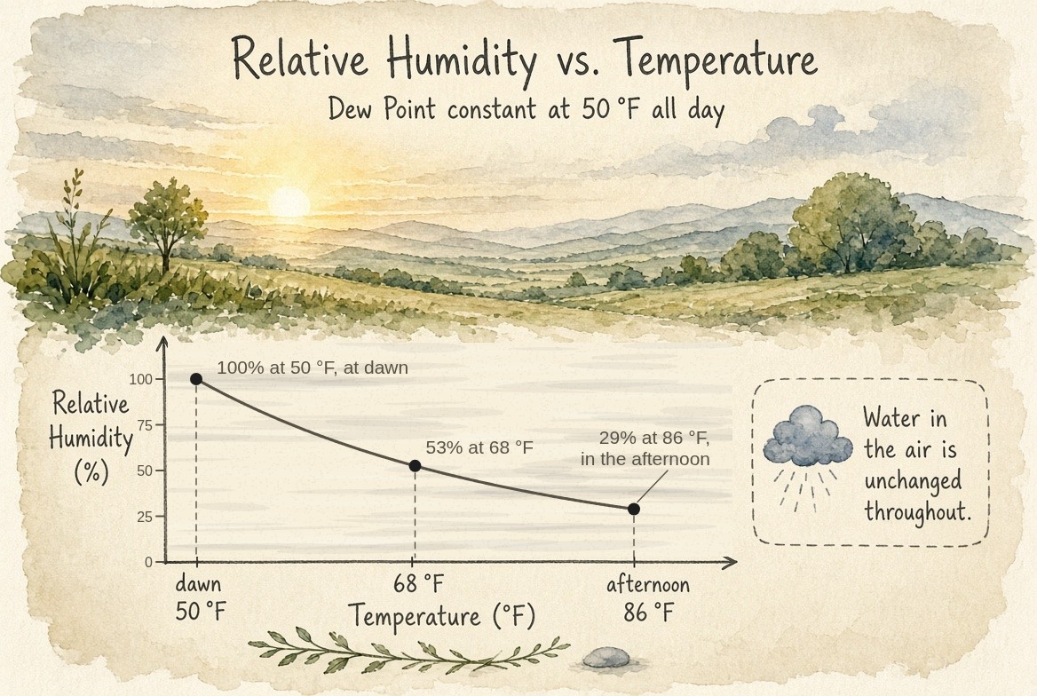A painted countryside at sunrise above a chart of relative humidity against temperature, the dew point 50 degrees Fahrenheit all day: 100 percent at 50 degrees at dawn, falling along a curve to 53 percent at 68 degrees and 29 percent at 86 degrees in the afternoon, the humidity axis ticked from 0 to 100 percent. Beside it a note: the water in the air is unchanged throughout.