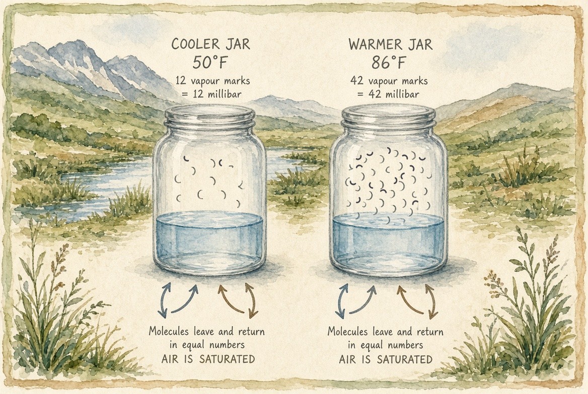 Two painted glass jars, each partly filled with water, standing in a valley: the cooler jar at 50 degrees Fahrenheit with 12 small marks in the air above the water, 12 millibars of vapour; the warmer jar at 86 degrees Fahrenheit with 42 marks, 42 millibars. Under each, arrows and a note: molecules leave the water and return in equal numbers; the air is saturated.