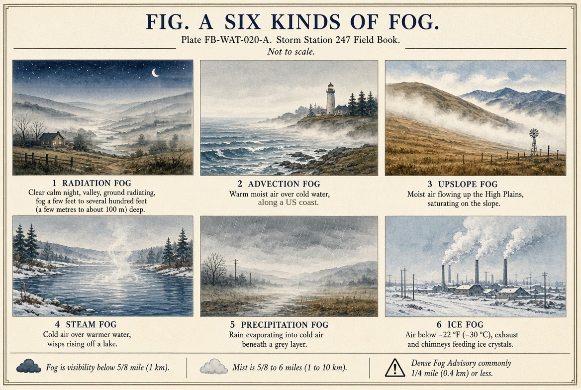 Six small paintings of fog, each with its name and a line: 1, radiation fog, in a valley under a clear starry night, a farmhouse at its edge, a few feet to several hundred feet (a few metres to about 100 metres) deep; 2, advection fog, warm moist air over cold water, rolling in over a rocky shore below a lighthouse; 3, upslope fog, moist air flowing up the High Plains and saturating on the slope, a windmill on the grass; 4, steam fog, cold air over a warmer lake with wisps rising off it; 5, precipitation fog, rain evaporating into cold air beneath a grey layer; 6, ice fog over a snowy town, air below minus 22 degrees Fahrenheit (minus 30 degrees Celsius) with exhaust and chimneys feeding ice crystals. Beneath: fog is visibility below 5/8 of a mile (1 kilometre), mist 5/8 to 6 miles (1 to 10 kilometres), and the Dense Fog Advisory commonly at 1/4 mile (0.4 kilometres) or less.