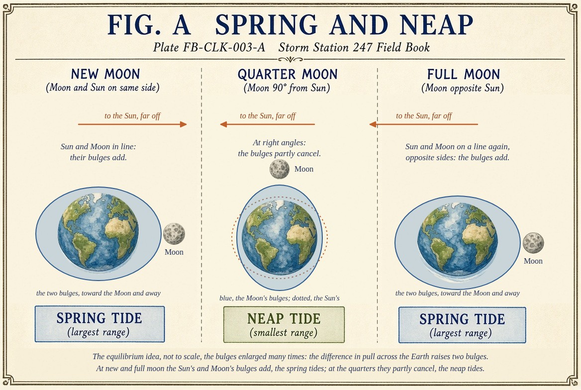 Three painted globes, not to scale, each wrapped in a pale blue envelope of ocean: at new moon the moon on the sunward side and at full moon on the far side, both with the ocean drawn out into one long pair of bulges along the line to the moon and the sun, the spring tides; at the quarter the moon at right angles to the sun, the moon's bulges and the smaller sun's bulges crossing, the neap tide.