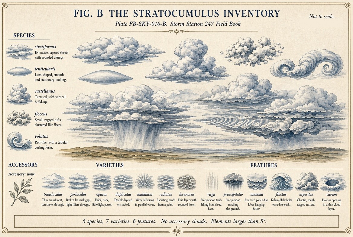 A painted sheet of small studies of stratocumulus, one for every name the International Cloud Atlas lists for it, each labelled with its full name and its rank: the species stratiformis, lenticularis, castellanus, floccus and volutus; the varieties translucidus, perlucidus, opacus, duplicatus, undulatus, radiatus and lacunosus; and the supplementary features virga, praecipitatio, mamma, fluctus, asperitas and cavum; with the count of each rank.