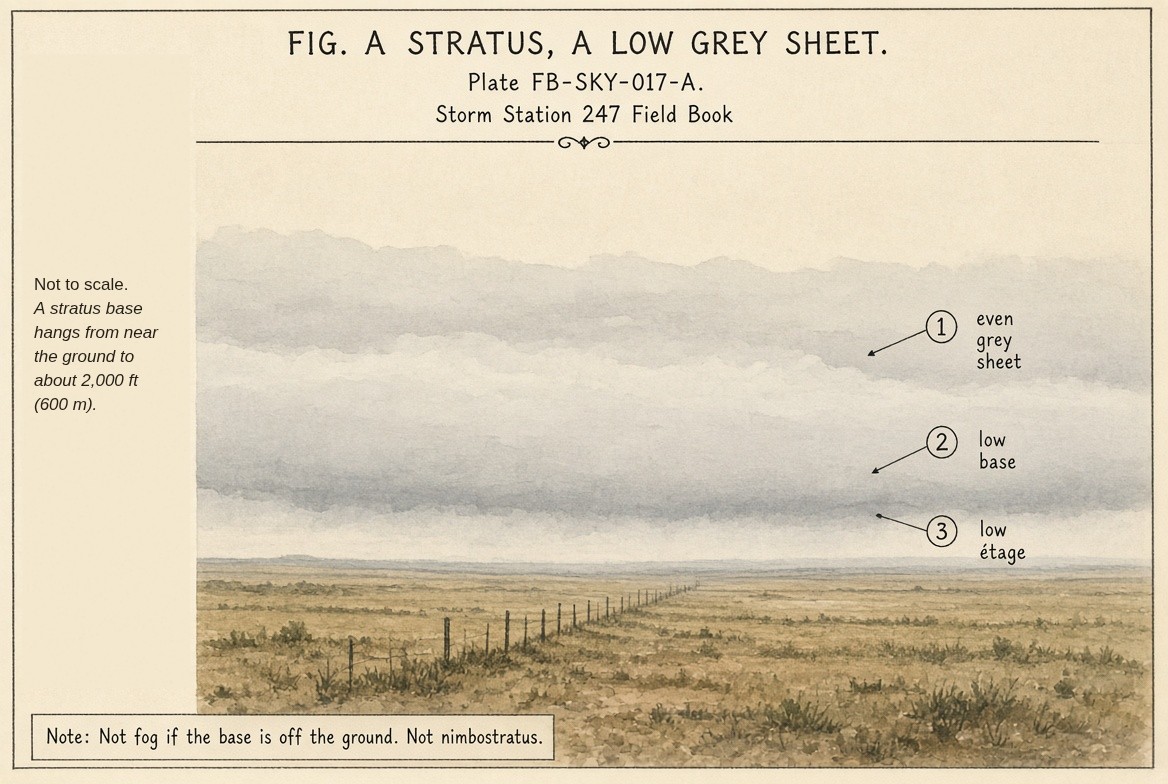 An even grey layer low over the prairie, its base off the ground, so it is not fog.