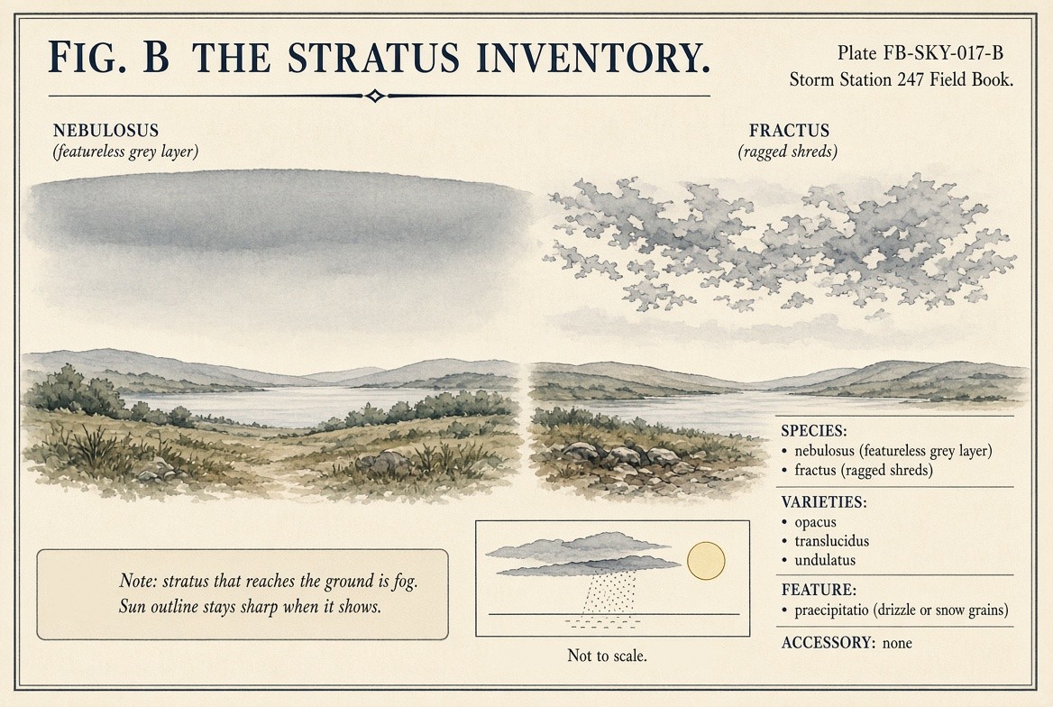 A painted sheet of small studies of stratus, one for every name the International Cloud Atlas lists for it, each labelled with its full name and its rank: the species nebulosus and fractus; the varieties opacus, translucidus and undulatus; and the supplementary feature praecipitatio; with the count of each rank.