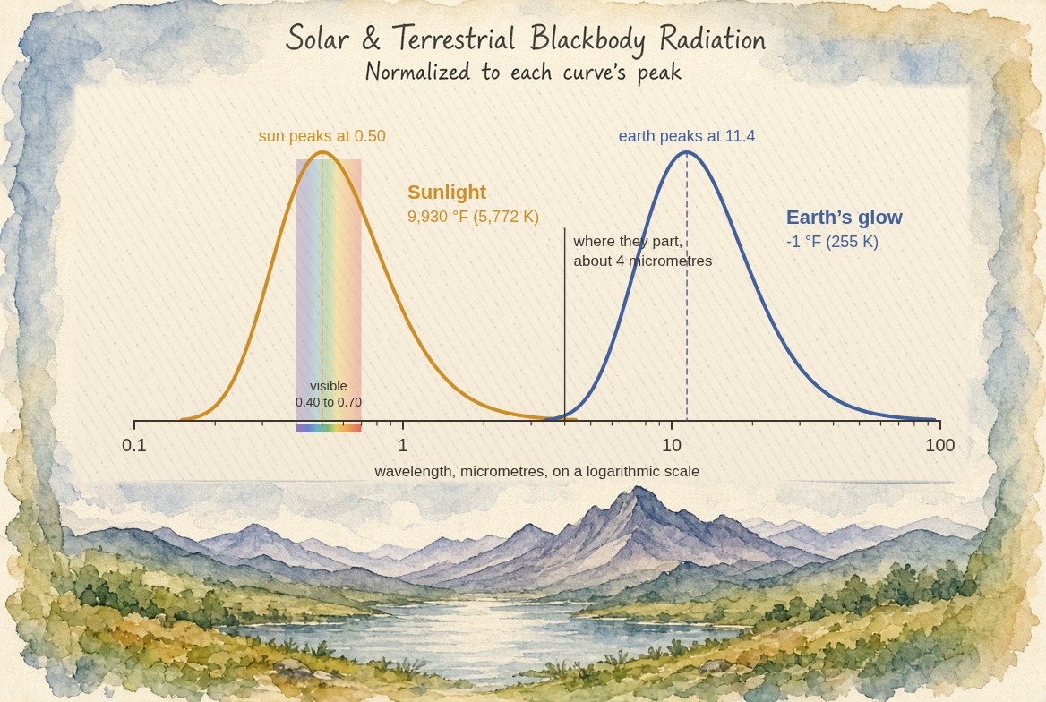 A painted chart over mountains and a lake: two curves against wavelength from 0.1 to 100 micrometres on a logarithmic scale, each scaled to its own peak. Sunlight, at 9,930 degrees Fahrenheit (5,772 kelvin), peaks at 0.50 micrometres, over a narrow rainbow band marking the visible light from 0.40 to 0.70 micrometres; the earth’s glow, at minus 1 degree Fahrenheit (255 kelvin), peaks at 11.4 micrometres. The two barely overlap and part near 4 micrometres.