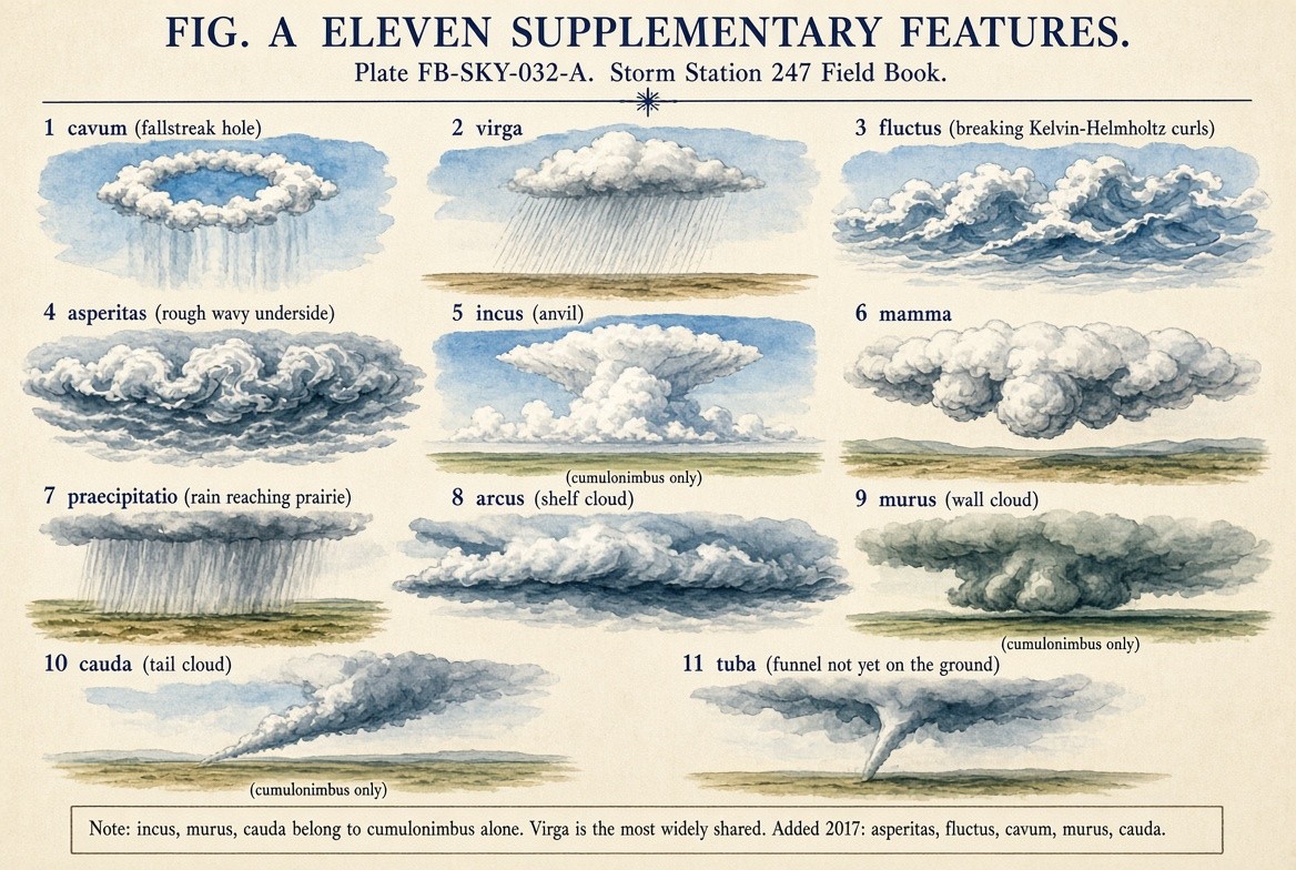 A painted sheet of the eleven supplementary cloud features: 1 cavum, a fallstreak hole; 2 virga; 3 fluctus, breaking Kelvin Helmholtz curls; 4 asperitas, a rough wavy underside; 5 incus, the anvil, cumulonimbus only; 6 mamma; 7 praecipitatio, rain reaching the prairie; 8 arcus, a shelf cloud; 9 murus, the wall cloud, cumulonimbus only; 10 cauda, the tail cloud, cumulonimbus only; 11 tuba, a funnel not yet on the ground. A note: incus, murus and cauda belong to cumulonimbus alone; virga is the most widely shared; asperitas, fluctus, cavum, murus and cauda were added in 2017.