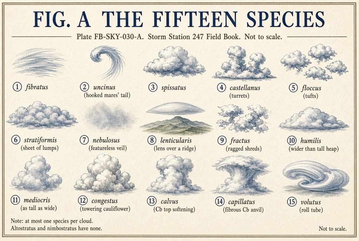 A painted sheet of the fifteen cloud species, each a small study with its number and name: 1 fibratus; 2 uncinus, the hooked mares tail; 3 spissatus; 4 castellanus, turrets; 5 floccus, tufts; 6 stratiformis, a sheet of lumps; 7 nebulosus, a featureless veil; 8 lenticularis, a lens over a ridge; 9 fractus, ragged shreds; 10 humilis, a heap wider than tall; 11 mediocris, as tall as wide; 12 congestus, a towering cauliflower; 13 calvus, a cumulonimbus top softening; 14 capillatus, the fibrous cumulonimbus anvil; 15 volutus, a roll tube. A note: at most one species per cloud; altostratus and nimbostratus have none. Not to scale.