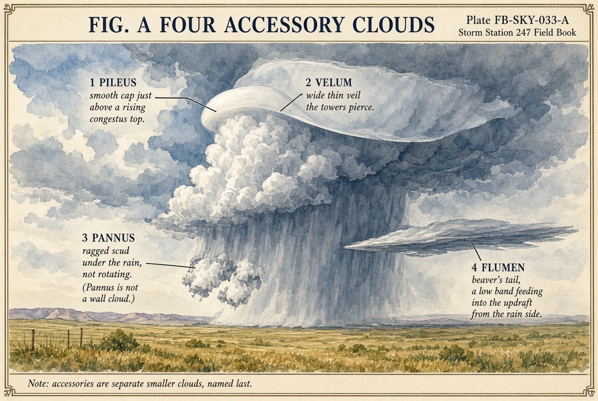 A painted storm over the prairie showing the four accessory clouds: 1, pileus, a smooth cap just above a rising congestus top; 2, velum, a wide thin veil the towers pierce; 3, pannus, ragged scud under the rain, not rotating and not a wall cloud; 4, flumen, the beaver tail, a low band feeding into the updraft from the rain side. A note: accessory clouds are separate smaller clouds, named last.