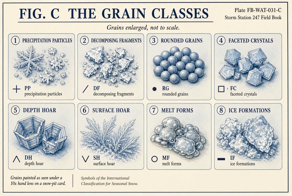 A painted sheet of eight snow grain classes, each enlarged as under a hand lens with its code and symbol: 1, precipitation particles, PP, a star crystal and small flakes, symbol a plus sign; 2, decomposing fragments, DF, broken rounded crystals, symbol a slash; 3, rounded grains, RG, small ice spheres, symbol a filled dot; 4, faceted crystals, FC, angular grains with flat faces, symbol an open square; 5, depth hoar, DH, large hollow cup crystals, symbol a caret; 6, surface hoar, SH, feathery plates, symbol a V; 7, melt forms, MF, clustered rounded grains, symbol an open circle; 8, ice formations, IF, a clear ice lens, symbol a bar. Grains enlarged, not to scale.