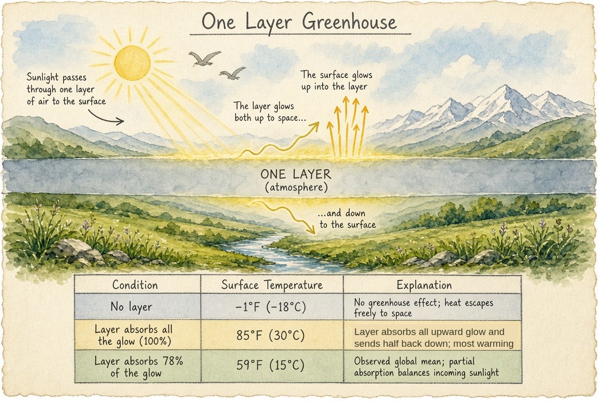 A painted valley under one band of air lettered "One layer (atmosphere)": sunlight from the sun at the upper left passes through the layer to the ground; the ground glows up into the layer; the layer glows up to space and down to the ground. Beneath, a table of the ground temperature: with no layer, -1 degrees Fahrenheit (-18 Celsius); with a layer absorbing all the glow, 85 degrees Fahrenheit (30 Celsius); with a layer absorbing 78 percent, 59 degrees Fahrenheit (15 Celsius), the observed global mean.
