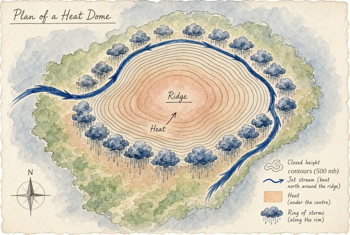 A painted plan of a heat dome over a land mass, north at the top: closed height contours ringing the ridge, lettered "Ridge" at the centre, with heat shaded warm beneath it; the jet stream, a blue ribbon entering from the west, bent north over the top of the ridge and down its eastern side, clockwise; a ring of thunderstorms with rain round the rim of the dome. A key: closed height contours at 500 millibars, the jet stream, the heat under the centre, and the ring of storms; a north arrow at the lower left.