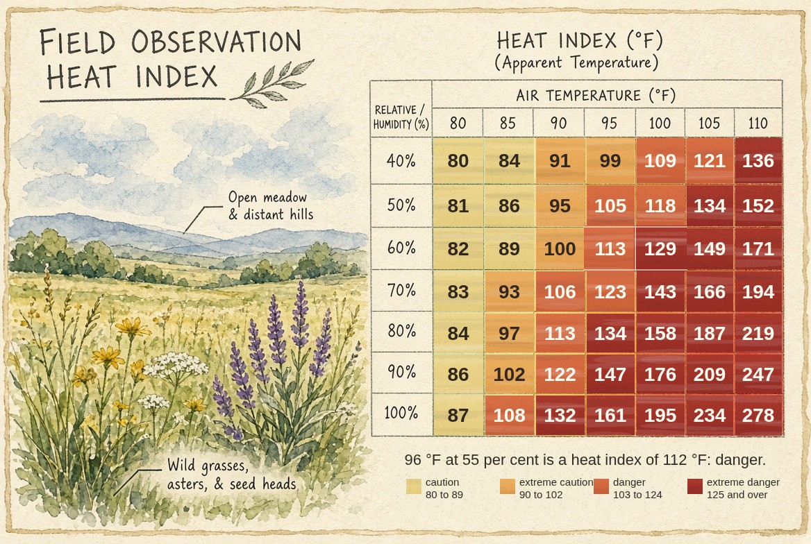 A painted summer meadow with wildflowers at the left; at the right a table of the heat index, air temperatures 80 to 110 degrees Fahrenheit across and humidities 40 to 100 percent down, each cell carrying its heat index and coloured by grade, from 80 at 80 degrees and 40 percent to 278 at 110 degrees and 100 percent. Beneath, the four grades: caution 80 to 89, extreme caution 90 to 102, danger 103 to 124 and extreme danger 125 and over; and a note that 96 degrees at 55 percent humidity is a heat index of 112, danger.