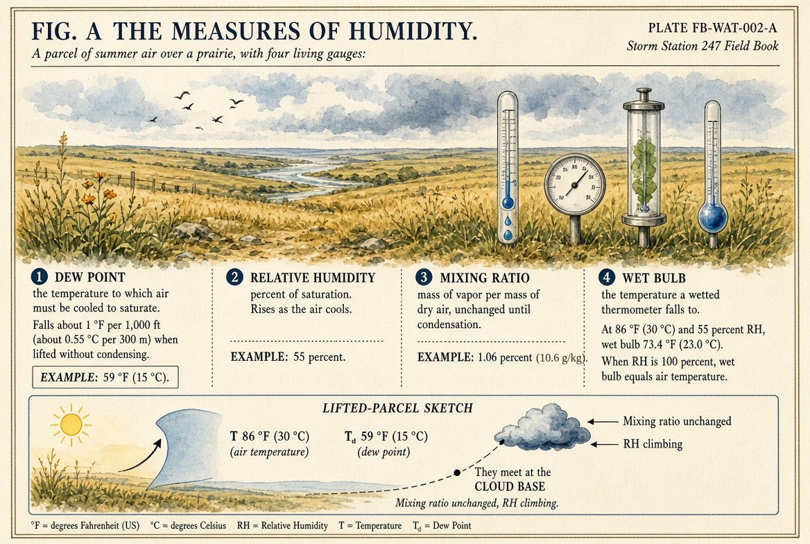 A painted summer prairie with a river, and four instruments standing in the grass: a thermometer, a dial hygrometer, a glass cylinder and a wet bulb thermometer. Below, four measures: 1, dew point, the temperature to which air must be cooled to saturate, falling about 1 degree Fahrenheit every 1,000 feet when lifted without condensing, example 59 degrees Fahrenheit (15 degrees Celsius); 2, relative humidity, percent of saturation, rising as the air cools, example 55 percent; 3, mixing ratio, mass of vapour per mass of dry air, unchanged until condensation, example 1.06 percent (10.6 grams a kilogram); 4, wet bulb, the temperature a wetted thermometer falls to, 73.4 degrees Fahrenheit (23.0 degrees Celsius) for air at 86 degrees Fahrenheit (30 degrees Celsius) and 55 percent, and equal to the air temperature at 100 percent. In a sketch beneath, a parcel at 86 degrees Fahrenheit with a dew point of 59 degrees Fahrenheit is lifted until the two meet at the cloud base, its mixing ratio unchanged and its relative humidity climbing.