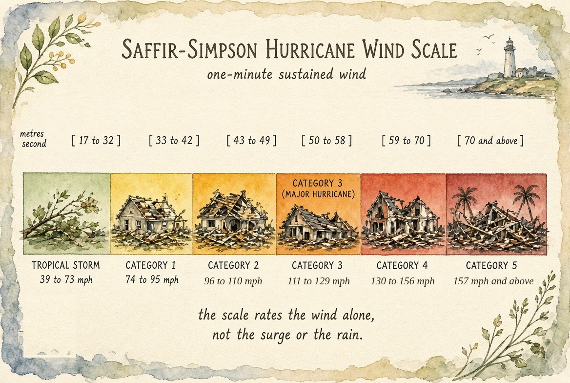 Six painted panels of the same house under each class of hurricane wind, coloured from green to deep red: a tropical storm, 39 to 73 mph, branches down; Category 1, 74 to 95 mph, some roof damage; Category 2, 96 to 110 mph, major roof damage; Category 3, a major hurricane, 111 to 129 mph, the house partly collapsed; Category 4, 130 to 156 mph, the house gutted; Category 5, 157 mph and above, the house destroyed and palms bent. Above each panel its range in metres a second: 17 to 32, 33 to 42, 43 to 49, 50 to 58, 59 to 70, and 70 and above. A lighthouse on a headland at the upper right, and a note: the scale rates the wind alone, not the surge or the rain.