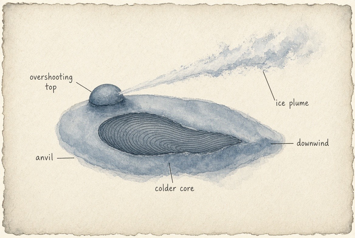 A watercolour of a thunderstorm's anvil seen from above as an infrared picture shows it, not to scale: the anvil an oval of cloud top, with its colder core ruled in close dark lines; the overshooting top, a dome at the upwind end, the coldest point; and a pale plume of ice blowing off the top downwind, above the anvil.