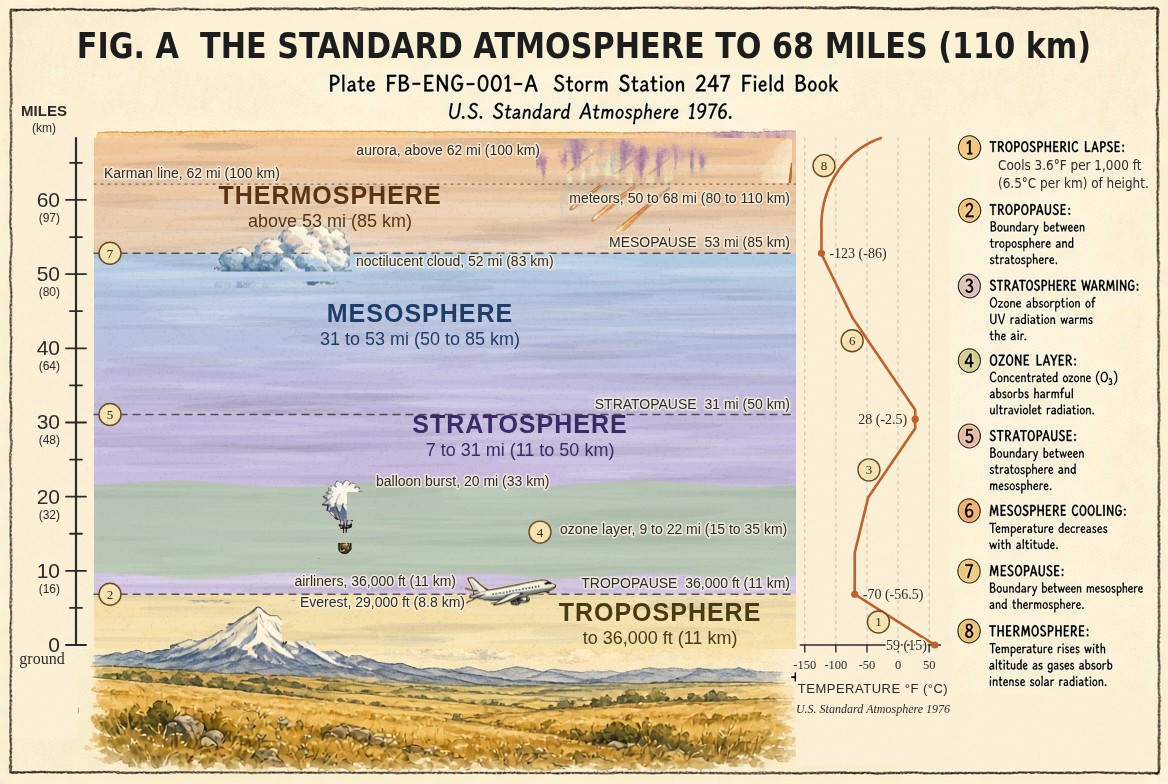 A painted section of the sky from a prairie to 68 miles (110 kilometres) on one height scale: the troposphere to 36,000 feet (11 kilometres) with Everest at 29,000 feet and an airliner at 36,000; the stratosphere to 31 miles (50 kilometres) with the ozone layer between 9 and 22 miles and a weather balloon bursting at 20 miles; the mesosphere to 53 miles (85 kilometres) with noctilucent cloud at 52 miles; the thermosphere above with meteors from 50 to 68 miles, the Karman line at 62 miles (100 kilometres) and the aurora; beside it the standard temperature curve falling to minus 70 degrees Fahrenheit (minus 56.5 Celsius) at the tropopause, rising to 28 (minus 2.5) at 31 miles, falling to minus 123 (minus 86) at 53 miles and rising again.