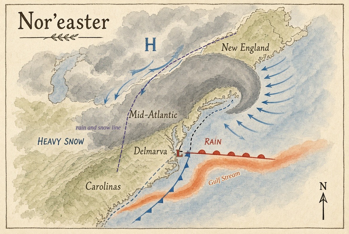 A painted map of the East Coast, north at the top, not to scale: a low marked L off Delmarva, its comma of cloud wrapping north and west over the Mid-Atlantic and its head curling back toward New England; a dashed track running up the coast from the Carolinas past the low and on to the northeast; a warm front running east from the low and a cold front southwest from it; a cold high marked H to the north with cold air flowing down east of the mountains; the northeast wind blowing onshore north of the low; the Gulf Stream, a warm band offshore; a dashed line where rain turns to snow, parallel to the coast and a little inland; heavy snow inland on the storm’s northwest side and rain over the coast and the sea.