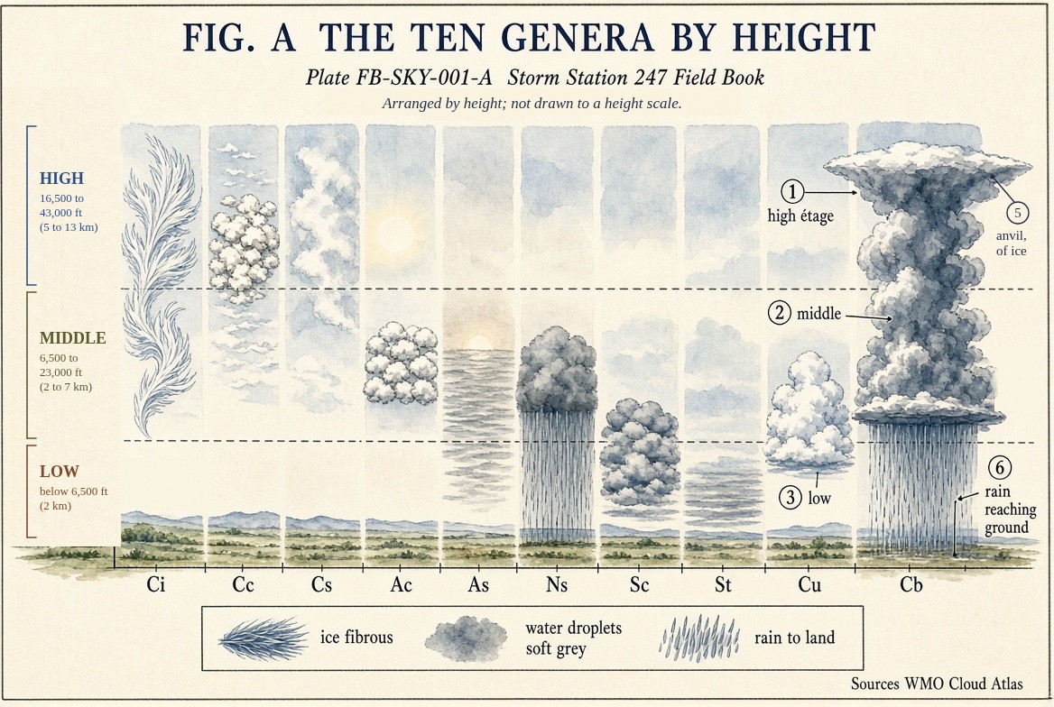 Ten painted clouds side by side over a low landscape, each with its abbreviation: cirrus, cirrocumulus and cirrostratus in the high étage; altocumulus, altostratus and the top of nimbostratus in the middle étage; stratocumulus and stratus low; cumulus rising from a low base; and cumulonimbus towering through all three étages to an anvil of ice, with rain beneath it and beneath the nimbostratus. Arranged by height, not drawn to a height scale.