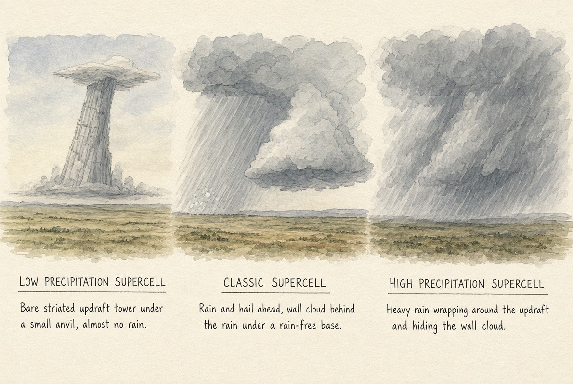 Three watercolour paintings of a supercell side by side over a plain. Low precipitation: a bare, striated updraft tower under a small anvil, almost no rain. Classic: rain and hail falling ahead of the storm, and a wall cloud behind the rain under a rain free base. High precipitation: heavy rain wrapping around the updraft and hiding the wall cloud. Each is named and described beneath.