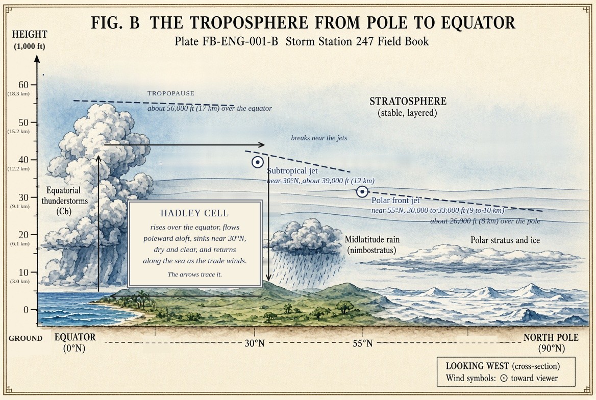 A painted section of the troposphere from the equator on the left to the North Pole on the right, looking west, heights to 65,000 feet (20 kilometres): thunderstorms towering over the equator to the tropopause near 56,000 feet (17 kilometres); the tropopause stepping down at a break over the subtropical jet near 30 degrees north and again over the polar front jet near 55, to about 26,000 feet (8 kilometres) over the pole; both jets drawn as circles with a dot, blowing toward the viewer; the Hadley cell rising at the equator, flowing poleward aloft, sinking near 30 degrees and returning along the sea; rain from nimbostratus in middle latitudes and stratus over the polar ice.